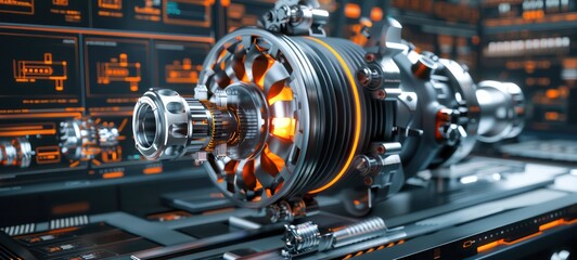 Fototapeta premium Engineering designer design 3D CAD software program Industrial engine model mechanical dimensional digital manufacturing factory engineer computer screen. 3d rendering.