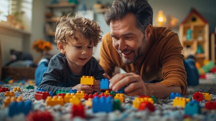 Father and Son Playing With Legos on the Floor - obrazy, fototapety, plakaty
