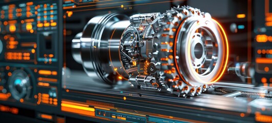 Obraz premium Engineering designer design 3D CAD software program Industrial engine model mechanical dimensional digital manufacturing factory engineer computer screen. 3d rendering.