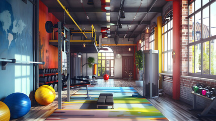 Modern Mini Home Gym with equipment and sunlight. Copy space