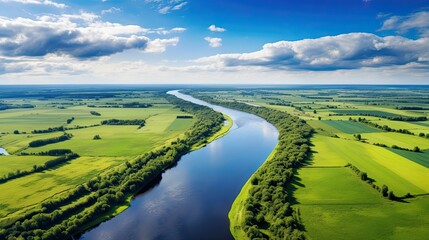 Fototapeta premium Green Aerial Landscape of European River and Fields in Poland - Natural Nature View