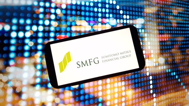 Konskie, Poland - March 02, 2024: Sumitomo Mitsui Financial Group company logo displayed on mobile phone screen