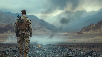 Soldier Stands Before Large Plume of Smoke