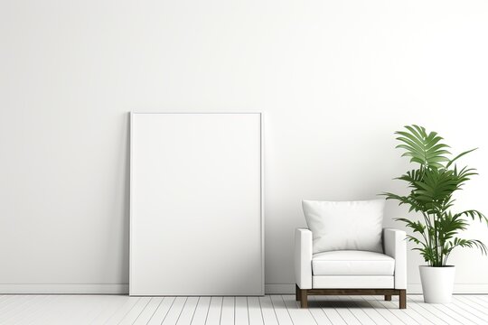 Minimalism in Interior Design: 3D Render with Blank Poster Mockup on White Floor