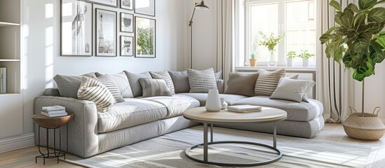 A comfy living room filled with furniture including a gray sofa and a coffee table, situated near a white wall. A potted plant adds a touch of greenery to the space.
