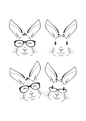 Outlined funny rabbit heads with eyeglasses isolated on white