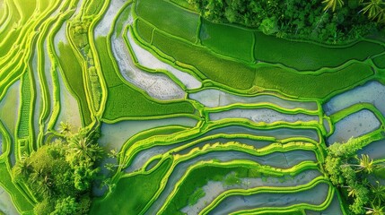 drone images of a stunning paddy field with terraces in water season.