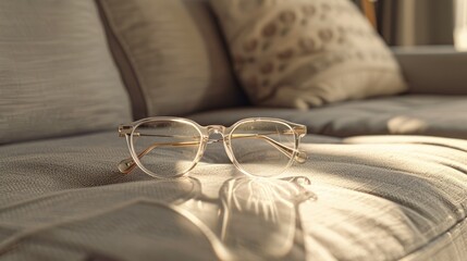 glasses with clear frames on a gray, beige, or khaki sofa, the cozy ambiance and aesthetic harmony,...