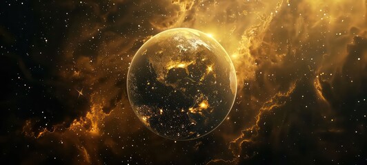 Obraz na płótnie Canvas Abstract golden planet earth. World map. Space view. Low poly style design. Geometric background. Wireframe light connection sphere structure. Modern 3d graphic concept. Isolated illustration