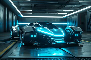 Modern Futuristic Sports Car with Neon LED Lights