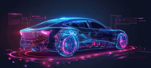 Hologram auto, futuristic polygonal model auto. Smart auto ai. Wireframe in line low-poly style. Smart automobile. illustration in futuristic style - obrazy, fototapety, plakaty