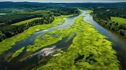 Green River in Brda, Poland. Aerial View of Amazing Blooming Algae on Wild River in Lush Forest - obrazy, fototapety, plakaty