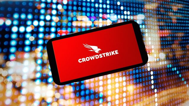 Konskie, Poland - March 02, 2024: CrowdStrike company logo displayed on mobile phone screen