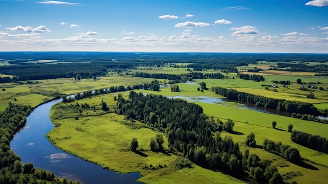 Aerial Landscape View of Poland's Beautiful Green Fields and Natural River Scenery in European