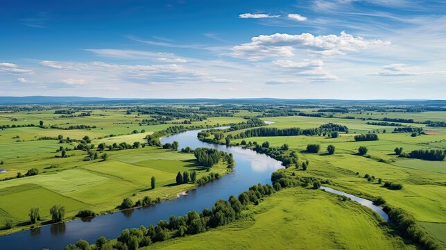 Green European Aerial Landscape View of Natural River and Field in Poland