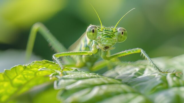 Close-up photo of grasshopper in nature with background bouq. Perfect bokeh in nature, rich in green, healthy ecosystem.
