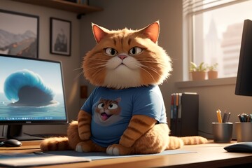 A fat cat in a T-shirt is sitting at the office table in front of a computer