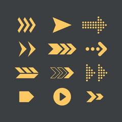 Vector illustration arrows yellow icon set, vector arrow. Collection of different arrows icons. Cyberpunk arrow icon. Cursor, pointer for web design, interface. Digital graphic elements concept.