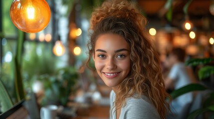 portrait of woman working at cozy cafe