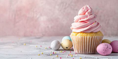Easter cupcake with pink whipped cream and Easter eggs on pink gray background. Close up. Banner for Easter celebrations. - obrazy, fototapety, plakaty
