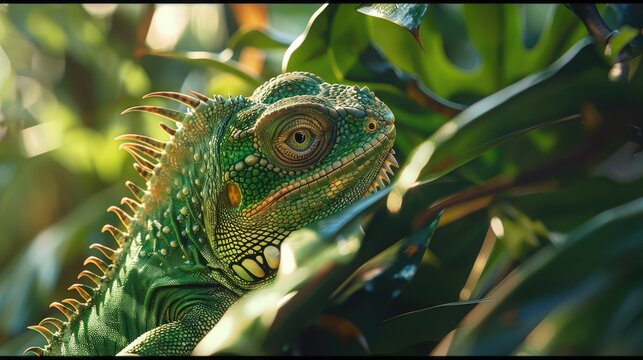 Green iguana on a tree. Nature photography for a sustainable ecosystem.
