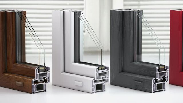 Plastic PVC windows profile samples of different colors. Cross section. 3d animation