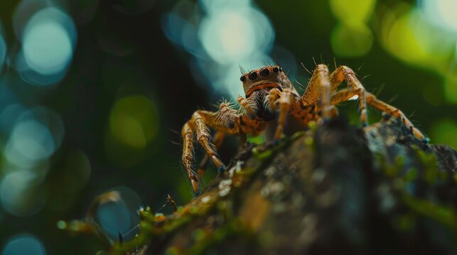 Close-up photo of a spider in the forest with rich nature, a bright ecosystem full of green.
