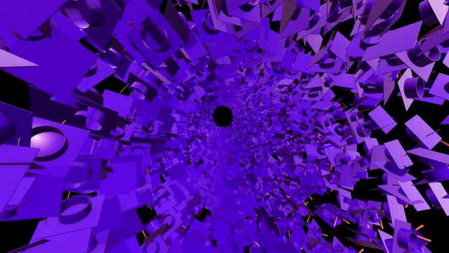 Purple 3D knowledge tunnel with rotating student caps. Animation with the concept of learning and education. Stock video of online training in 4K.