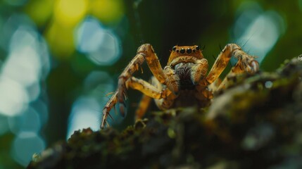 Close-up photo of a spider in the forest with rich nature, a bright ecosystem full of green.