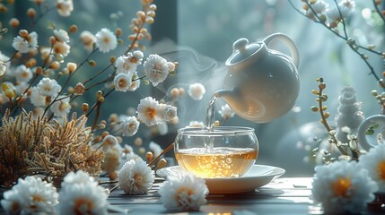 a cup of tea is being poured from a teapot into a glass cup on a table surrounded by flowers