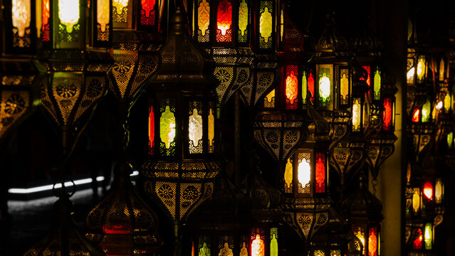 multiple colorful Ornamental turkish lanterns, ramadan decoration