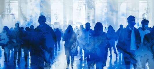 Silhouettes of people in a blue-toned abstract art piece. Concept of unity, crowd, anonymity, collective, gathering, and indistinct identity. Illustration. Copy space. Banner - obrazy, fototapety, plakaty