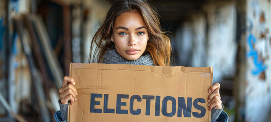 Fototapeta na wymiar Woman holds up an ELECTIONS sign against blurred background. Young Caucasian lady. Concept of elections political activism, public awareness, and civic involvement.