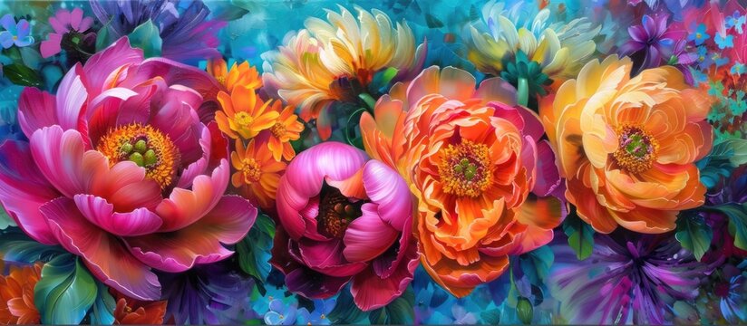 A painting featuring beautifully colorful peony blossoms and chrysanthemum blooms set against a vibrant blue background. The flowers are depicted in rich, vivid hues, creating a striking contrast with