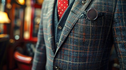 Close up of a tailored checkered blazer with a blank decorative pin, in a refined setting. Concept of men's fashion, sartorial elegance, and high-end apparel. Copy space. Mockup