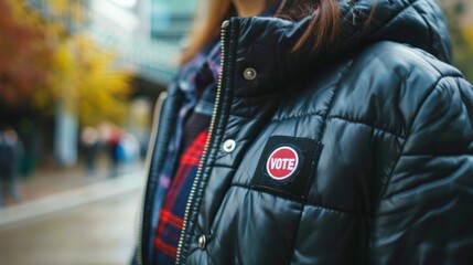 Woman with VOTE badge on her jacket at a polling station. Outdoors. Concept of election day, voting awareness, elections, democratic process, civic duty, voter turnout, and national pride - obrazy, fototapety, plakaty
