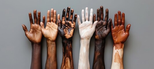 Racial equality. Group of hands together to show equality and unity between genders and ethnicities. No to racism. Union and diversity. World peace day. - obrazy, fototapety, plakaty