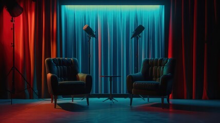 two chairs and microphones in podcast or interview room isolated on dark background