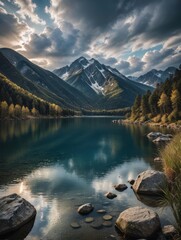 Majestic mountain range reflected in a serene lake.