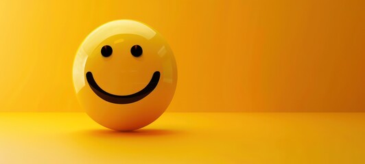 Fototapeta premium Yellow smiley face emoticon on yellow background banner