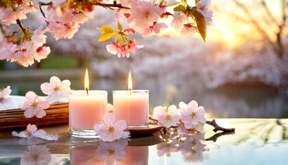 Kerzen und Kirschblüten am Wasser, Konzept innere Ruhe, Einklang 
