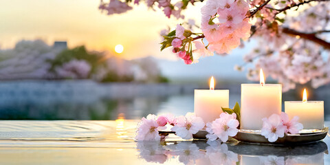 Kerzen und Kirschblüten am Wasser, Konzept innere Ruhe, Einklang 