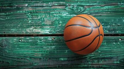 Basketball model over green wooden background, creating a sporty scene that represents the competitive spirit of a miniature basketball match.