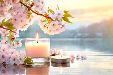 Foto op Plexiglas Kerzen und Kirschblüten am Wasser, Konzept innere Ruhe, Einklang  © Sina Ettmer