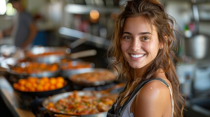 The image is of a young woman with long brown hair. She is smiling at the camera. She is standing in front of a buffet of food. There are many round metal pans filled with food on the buffet. - Powered by Adobe