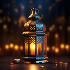 Photo of Ramadan Kareem lantern with soft light bluish Background 