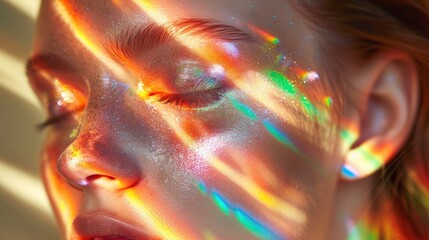 Portrait of Woman with Specular Reflection. Reflective elements on the model's face create a play of light and reflection. Rainbow refraction of light.