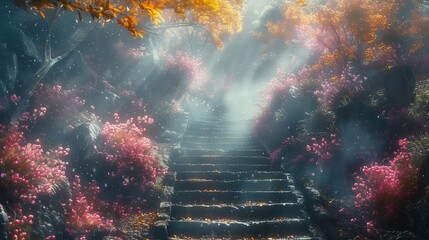 A staircase eventfully climbs to a magenta landscape with trees and flowers - obrazy, fototapety, plakaty