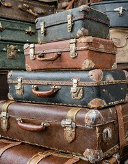 Vintage style composition with stacked old suitcases
