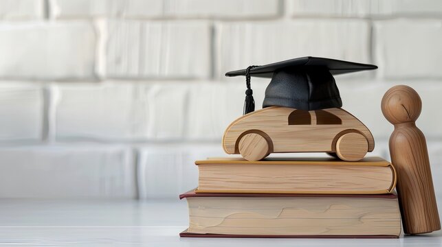 Graduation cap on wooden car over a pile of books on a white wall background, symbolizing the academic journey and success.